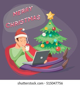 Christmas Cartoon Geek Eager Beaver Symbol Man Laptop Drinks Coffee Tea Icon Retro Design Vector Illustration