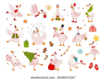 Christmas cartoon geese. Goose in different poses with various items, gifts, sweets, fir tree. New year style farm birds characters, isolated classy vector set
