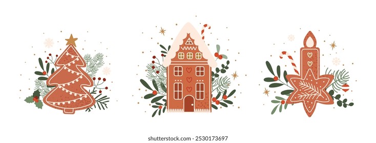 Desenho de Natal conjunto de biscoitos de pão de gengibre. Coleção de xmas inverno assado gengibre figuras decoradas árvore abeto ramos vetor ilustração isolado no branco. Ilustração de comida desenhada à mão