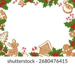 Christmas cartoon gingerbread frame vector. Festive frame with gingerbread men, reindeer, Santa, Christmas tree and candy canes. For greeting cards, invitations, posters, and seasonal projects.