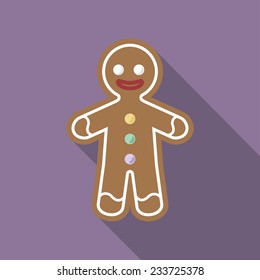 Christmas cartoon gingerbread man icon with long shadow. Vector illustration minimal flat design. 