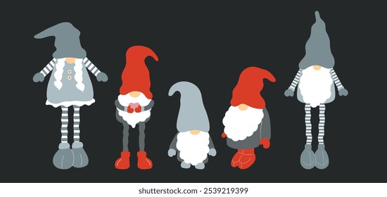 Weihnachten Cartoon Gnom-Figuren im groovigen Stil. Silvester Illustration Gnom Aufkleber. Neujahr Stimmung Gonk Dekorationen