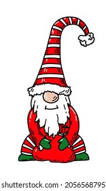 Christmas Cartoon Gnome in Red Cap and green mittens. Hand drawn vector illustration of cute Santa with big bag and white beard. Drawing for postcards and invitations