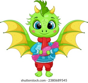 Christmas Cartoon Green Dragon with Candy