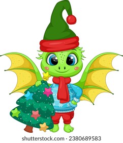 Christmas Cartoon Green Dragon with Decorated Christmas Tree