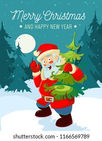 Christmas cartoon greeting card with Santa and Christmas tree. Happy New Year design concept.