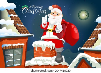 
Christmas cartoon greeting card with Santa Claus climb down the chimney