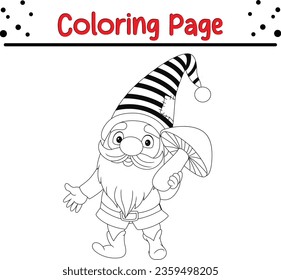 Christmas cartoon happy gnomes coloring page. Black and white vector illustration for coloring book.