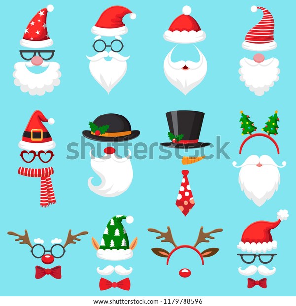 Christmas cartoon hats. Xmas santa hat, elf cap and\
reindeer photo mask. Santas beard and mustaches mask, snowman deer\
head costume accessory in mobile app for party, vector isolated\
icons set