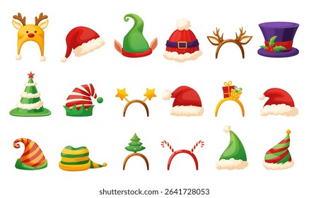 Christmas cartoon headband. Isolated xmas party head accessories, santa elf and deer hats. New year holidays design, photo booth nowaday vector set