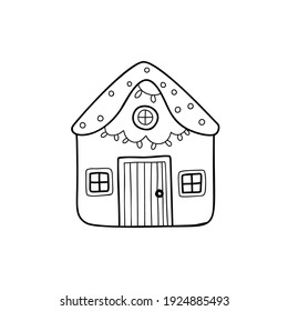 Christmas cartoon house. Doodle line icon. Abstract hand drawn outline vector illustration.