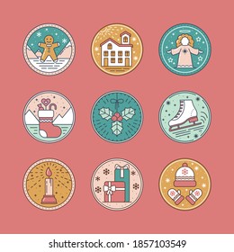 Christmas Cartoon Icon Set with Ginger, Snow House, Angel, Sock, Mistletoe, Skate, Gifts, Hat, Mittens and Candle in Flat style. For New Year, holidays, Xmas elements Collection vector illustration