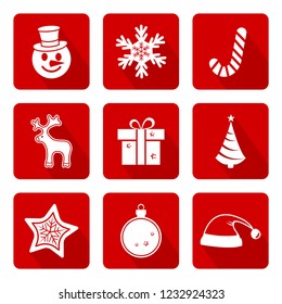 Christmas cartoon icon set. White toys on red background. Vector illustration