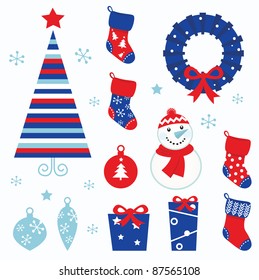 Christmas cartoon icons & elements isolated on white (red, blue)