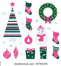 Christmas cartoon icons & elements isolated on white (green, pink)