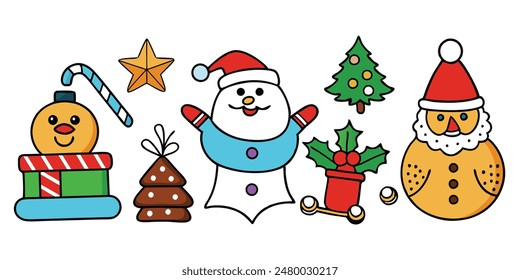 Christmas cartoon icons set on white background