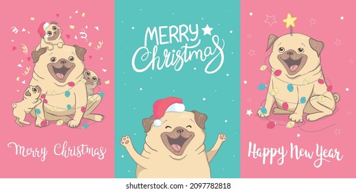 Christmas cartoon illustration about a pug. Cute friendly fat chubby sitting pug puppy. Pets, dog lovers, Christmas greeting card on the theme of animals
