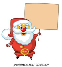 Christmas cartoon illustration of funny Santa Claus character holding a sign wooden board. Vector isolated