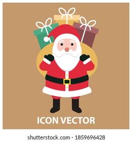 Christmas cartoon illustration isolated on color background. Cute Santa character with bags gifts. For Christmas cards, banners, label, tags, etc.