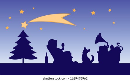 Christmas Cartoon Illustration - Man With A Glass Of Wine In A Chair Listens To Music From A Phonograph, Near A Cat And Dog, Tree, Stars In Background / Individual Objects On Separate Layers