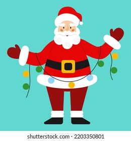 Christmas cartoon illustration of Santa Claus with holiday lights in his hands. Winter holidays theme. Vector isolated illustration in flat style.