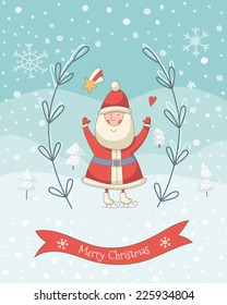 Christmas cartoon illustration with Santa Claus. EPS 10. No transparency. No gradients.