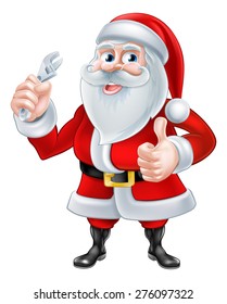 A Christmas cartoon illustration of Santa Claus holding a spanner and giving a thumbs up