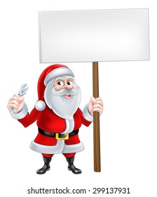 A Christmas cartoon illustration of Santa Claus holding spanner and sign post