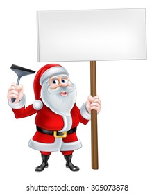 A Christmas cartoon illustration of Santa Claus holding squeegee and sign