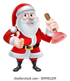 A Christmas cartoon illustration of Santa Claus holding a plunger and giving a thumbs up