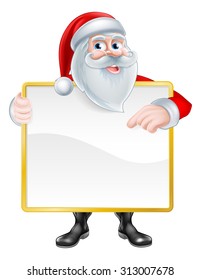 Christmas cartoon illustration of Santa Claus holding a sign board and pointing at it.