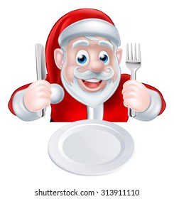 A Christmas cartoon illustration of Santa Claus ready for his Christmas meal holding a knife and fork with his plate in front of him