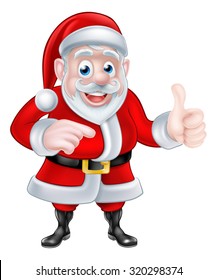 A Christmas cartoon illustration of Santa Claus pointing and giving a thumbs up gesture