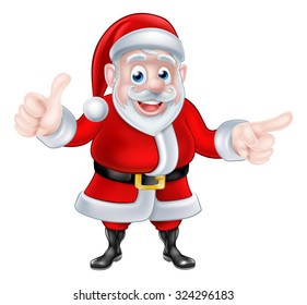 A Christmas cartoon illustration Santa Claus giving a thumbs up and pointing