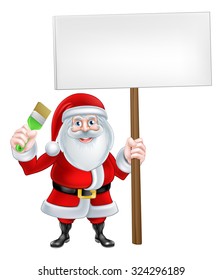 A Christmas cartoon illustration of Santa Claus holding a paint brush and sign