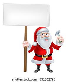 A Christmas cartoon illustration of Santa Claus holding sign and Hammer