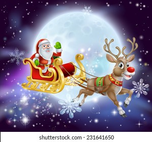 Christmas cartoon illustration of Santa clause in his sleigh or sled flying in front of a big full moon