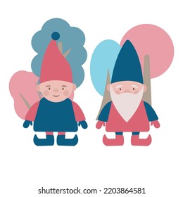 Christmas cartoon illustration with two little happy gnomes in a magic forest. Winter vector cute baby characters. Santa Claus helpers.
