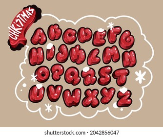 Christmas cartoon letters font. Kids red alphabet 