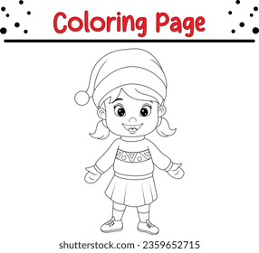 Christmas cartoon little girl wearing Santa costume coloring page. Christmas Vector black and white winter coloring book.