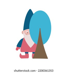 Christmas cartoon little gnome with a grey beard hiding behind a tree. Happy winter vector print. Santa Claus helper in a forest.