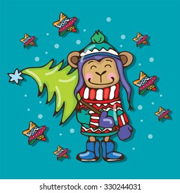 Christmas cartoon monkey with a xmas tree in its hands