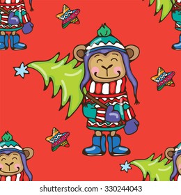 Christmas cartoon monkey with a xmas tree in its hands seamless vector illustration (pattern)