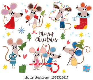 Christmas cartoon mouses collection. Winter hand drawn set of cute symbol of 2020 year. New Year mice and decorations.