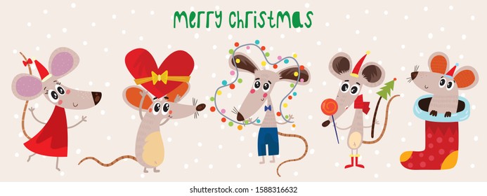 Christmas cartoon mouses collection. Winter hand drawn set of cute symbol of 2020 year. New Year mice and decorations.