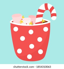 Christmas cartoon mug with a hot drink. Some candy canes and marshmalows. Starry decorations. Vector flat illustration isolated on white background.