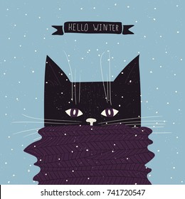 Christmas cartoon New Year characters. Cat with scarf. Greeting card design in blue and violet colors. Forest animals, mottos, winter holiday. Vector