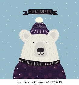 Christmas cartoon New Year characters. Bear in winter clothes. Greeting card design in blue and violet colors. Forest animals, mottos, winter holiday. Vector