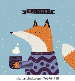 Christmas Cartoon New Year Characters. Fox In Winter Clothes. Greeting Card Design In Blue And Violet Colors. Forest Animals, Winter Holiday. Vector Illustration