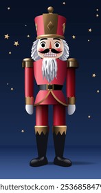 Christmas cartoon Nutcracker in Santa Claus costume with a star on the hat, night stars background